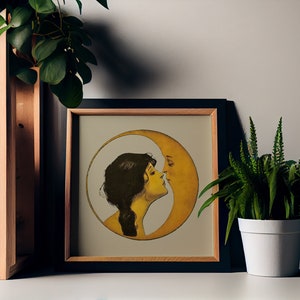 Woman Kissing Moon - Art Nouveau Moon Print - Moon Goddess Art Deco - Moon Print Square - Light Beige and Gold