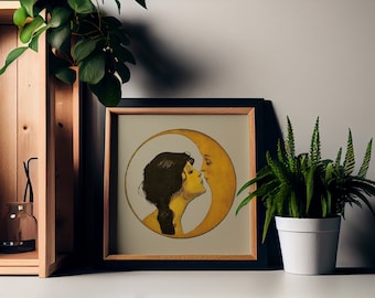 Woman Kissing Moon - Art Nouveau Moon Print - Moon Goddess Art Deco - Moon Print Square - Light Beige and Gold