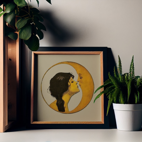 Art Nouveau Moon Goddess Print - Woman Kissing Moon, Art Deco