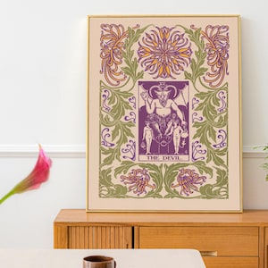 Impression de carte diable - Tarot nouveau floral - impression de tarot unique - art du tarot vintage - violet et vert
