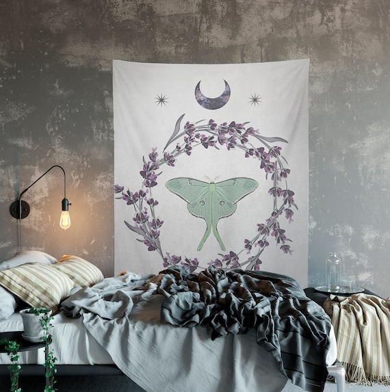 Luna Moth Moon Tapestry Wall Hanging Purple and Green Meditation Yoga Grunge Hippie Etsy