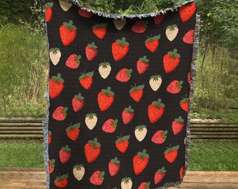 Vintage Strawberries Blanket - Red and Beige - Tapestry or Throw - Wall Tapestry Wall Hanging