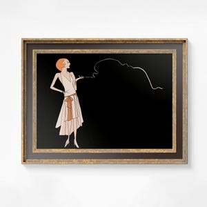 May include: A framed black and white illustration of a woman in a flapper dress with a cigarette in her hand. The woman is standing with her hand on her hip and her head tilted to the side. The background is black and the smoke from the cigarette is a thin white line.