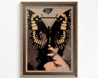 May include: A framed wall art print featuring a person with a large black and yellow butterfly covering their eyes. A smaller blue butterfly is positioned above the head, and a tiny butterfly is tattooed on the person's shoulder.