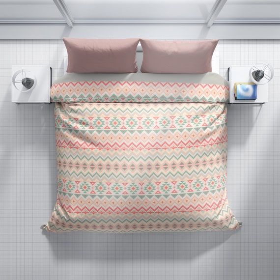 Aztec Duvet Cover Pink And Green Bedding Peachy Pink Duvet Etsy