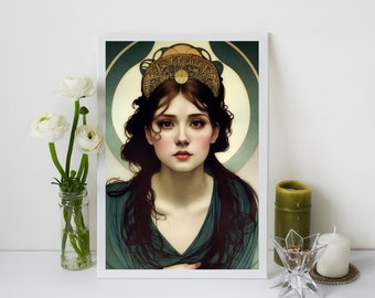 Art Nouveau -  Goddess - Green Poster  Bohemian - Goddess Print Large Artwork - Persephone