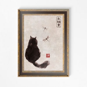 Pittura gatto giapponese - Illustrazione giapponese gatto nero Stampa - acquerello