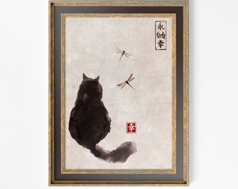 Japanese Cat  Painting - Black Cat Japanese illustration Print - Watercolor