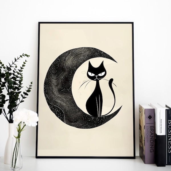 Black Cat Moon Art Print - Mid Century Modern Wall Decor