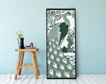 Póster Art Nouveau de pavo real: Impresión de pájaro bohemio, obra de arte extensa