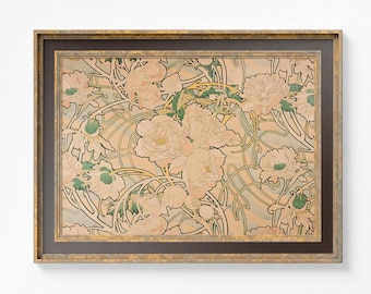 Art Nouveau Poster Floral Print Bohemian Print Large Artwork Mucha - Beige, Pink, and Green - Vintage