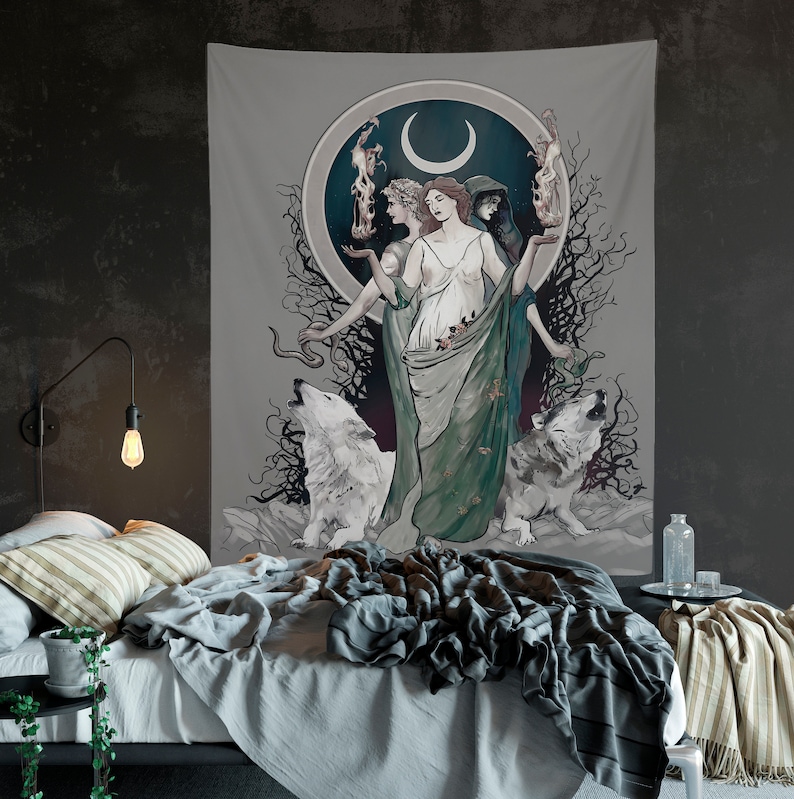 Gray Moon Goddess Art Hecate Tapestry Moon and Wolves Tapestry Witchy Art Black and White Gothic Art
