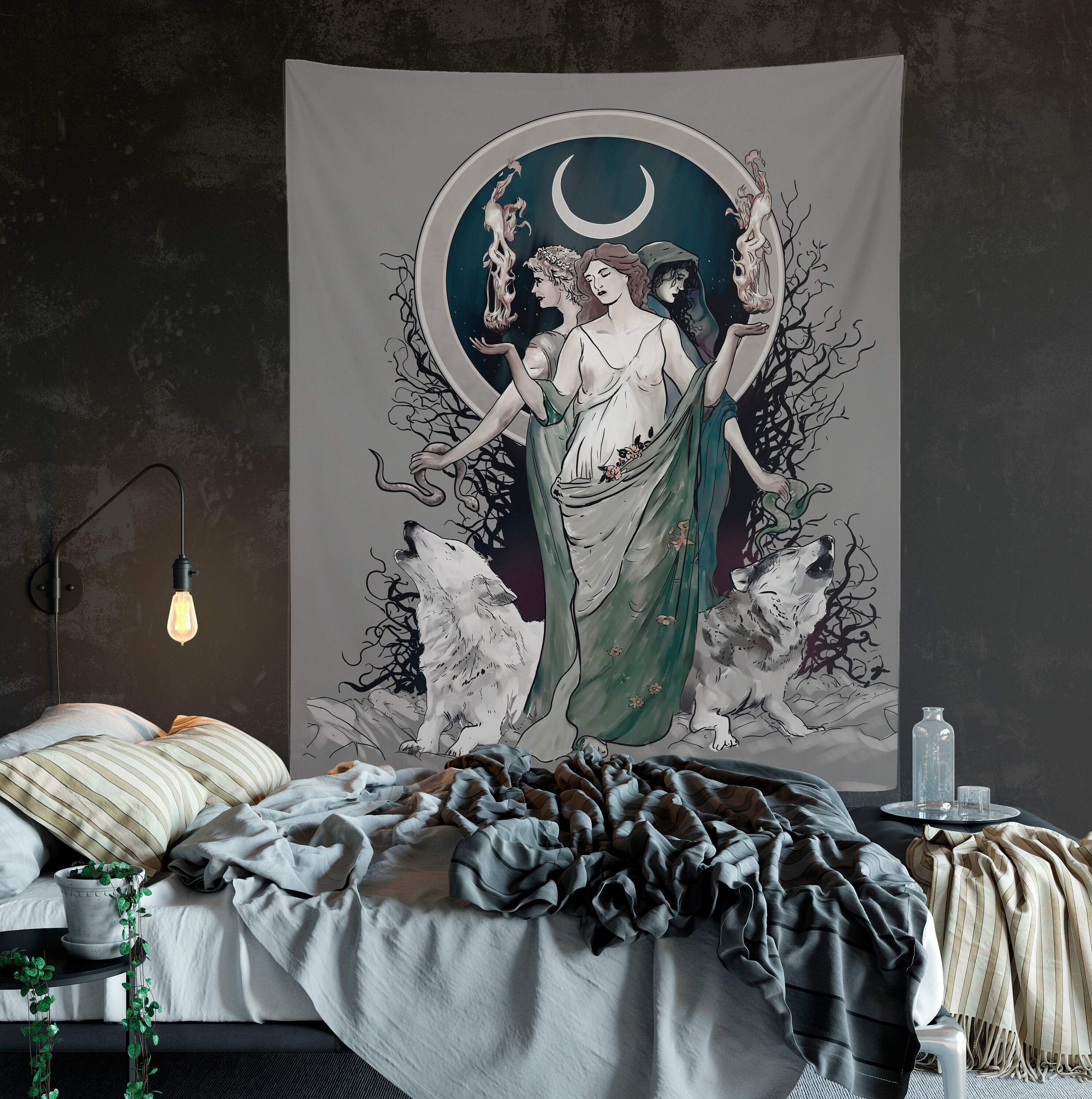 Gray Moon Goddess Art Hecate Tapestry Moon and Wolves Tapestry