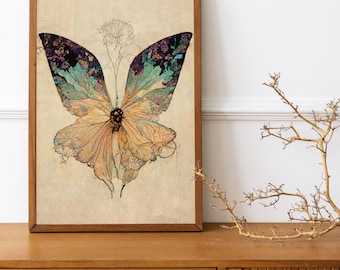 Mucha Butterfly Art Nouveau Print: Dark Cottagecore Gallery Wall Decor