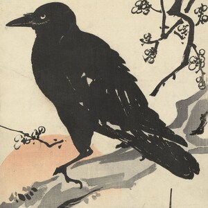 Japanese Woodblock Crows Bohemian Vintage Print Large Artwork Floral Long Poster 1800s image 2