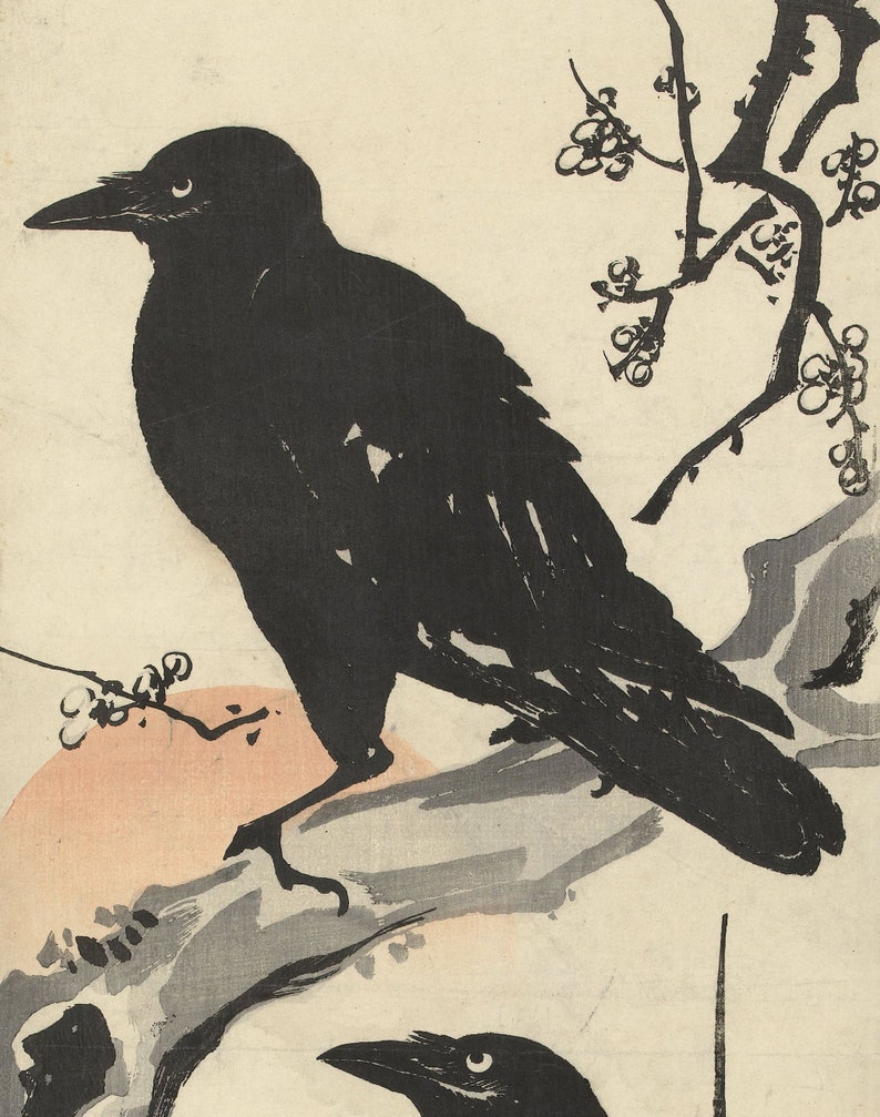 Japanese Woodblock Crows Bohemian Vintage Print Large Artwork Floral Long Poster 1800s image 2