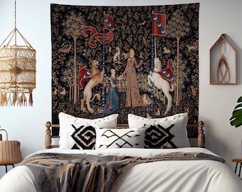 Lady With Unicorn Tapestry - Taste - Maroon and Black - Unicorn Art - Original by Raphael