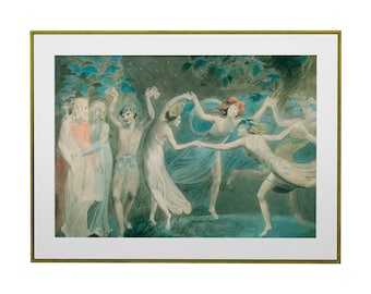 May include: A framed print of a watercolor painting depicting a group of figures dancing in a forest setting. The figures are dressed in flowing white and blue garments. The frame is gold.