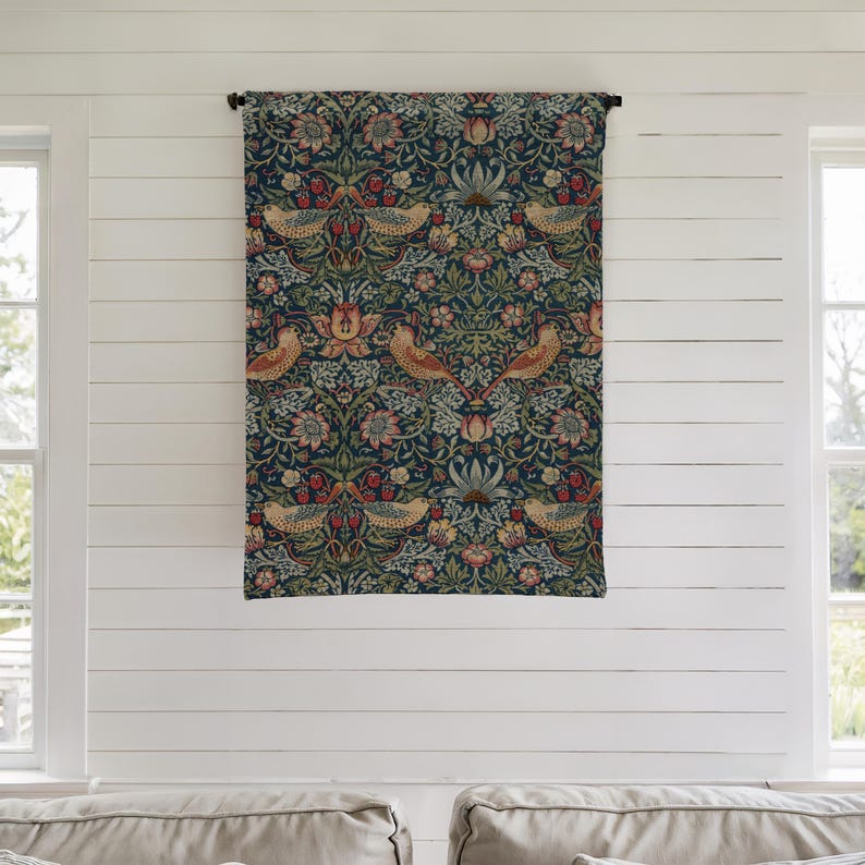 William Morris Woven Tapestry, Bird Floral Wall Hanging - Hanging Rod is not included image 2