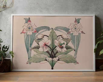 Art Nouveau Poster Floral Print Bohemian Print Large Artwork - Beige, Pink, and Green - Vintage