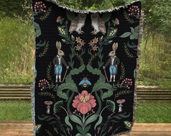 Vintage Floral - Jacquard Woven - Rabbits and Flowers Woven Tapestry -  Floral Throw - Bohemian Blanket in Cotton for Meditation or Yoga