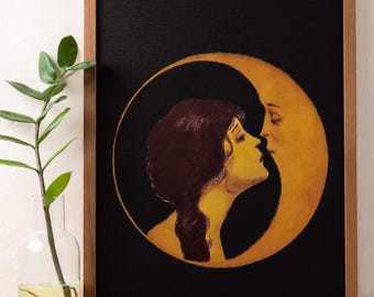 Mujer besando la luna - Lámina Art Nouveau estilo boho - Fondo negro