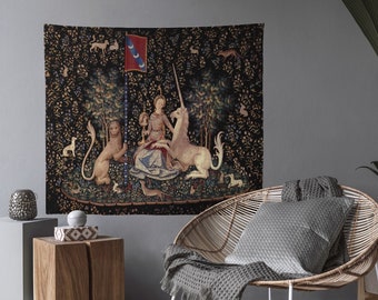 Lady With Unicorn Tapestry - Sight - Maroon and Black - Unicorn Art - Original by Raphael