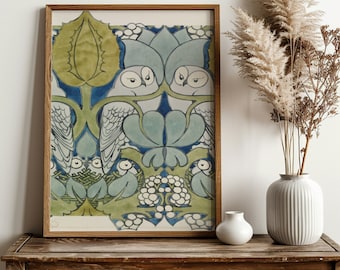 Vintage Owl Art Nouveau Print: Green & Blue Floral