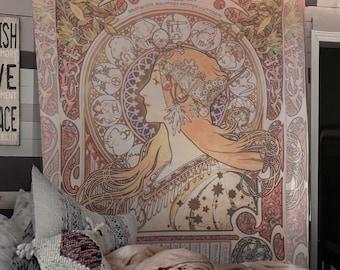 Art Nouveau Zodiac Tapestry Bohemian Wall Hanging Large Artwork Hippie Lady Mucha