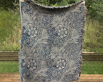 William Morris Indigo Woven Tapestry: Bohemian Cotton Throw Blanket
