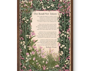 The Road Not Taken Print - Inspirational - Floral Art Print - Robert Frost Poem - Pink