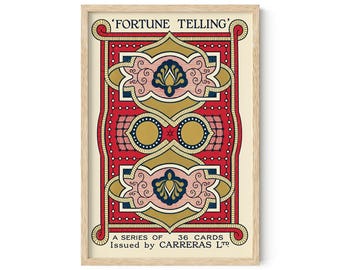Vintage Fortune Telling Art Print, Red and Gold Playing Card Poster, Mystical Wall Decor