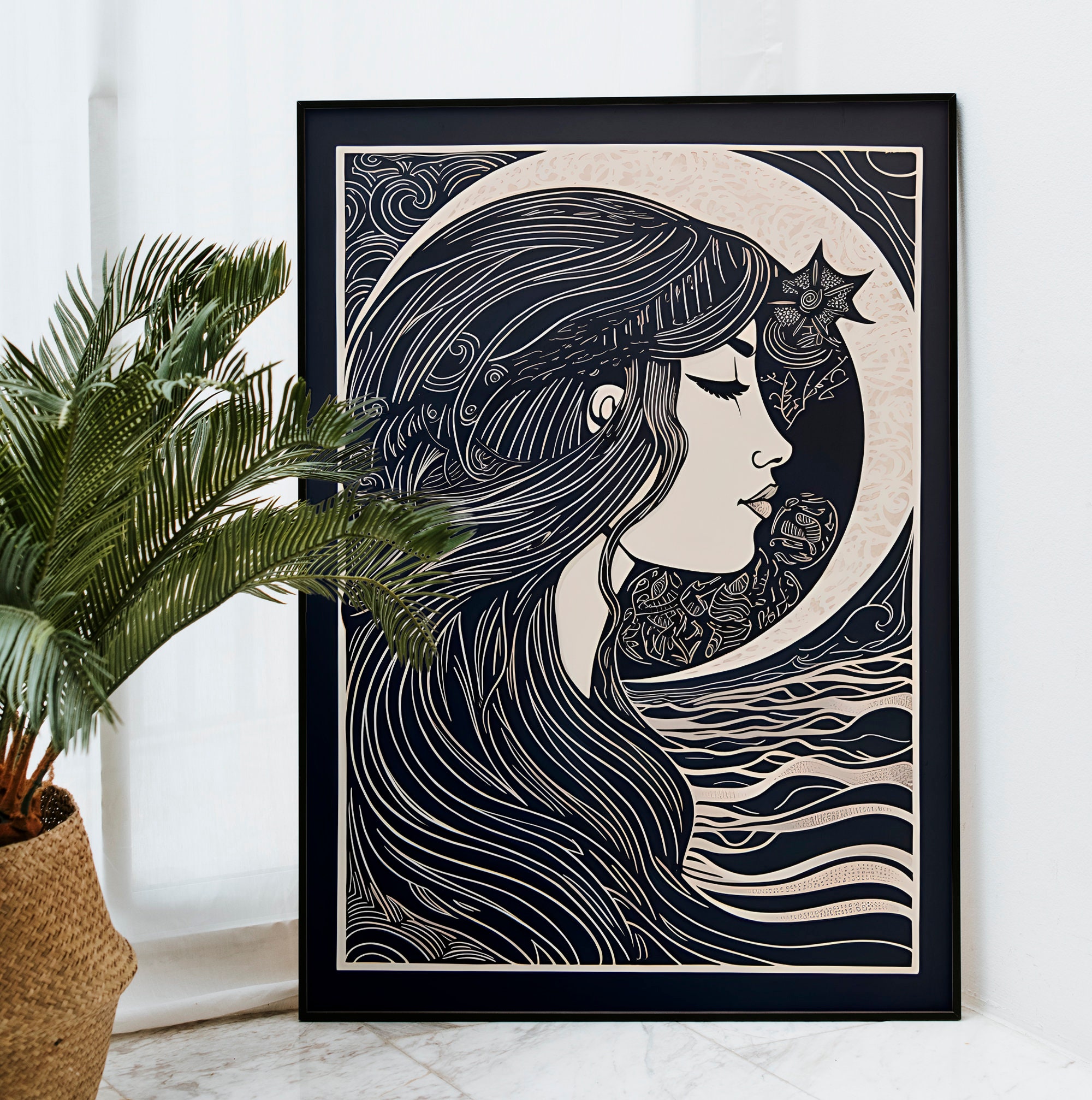 Moon Goddess Print: Black and White Bohemian Art - Etsy