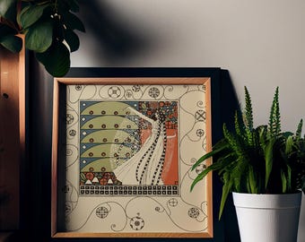 May include: A square framed print featuring a stylised illustration of a figure in a long white dress with black stripes. The artwork includes geometric patterns, green semi-circles, and red accents, all enclosed in a light wood frame.