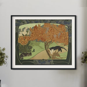 Nouveau Cats Print - Green and Beige Art - Art Nouveau Poster - Floral Print - Print Large - Paris Vintage Tree