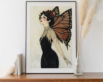 Vintage Butterfly Girl Art Print: Bohemian Gold Accent Poster