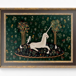 Medieval Unicorn Print - Floral Print - Bunnies Print - Medieval Art - Flora - tapestries style on green background