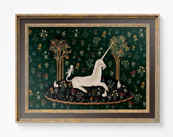 Medieval Unicorn Print - Floral Print - Bunnies Print - Medieval Art - Flora - tapestries style on green background