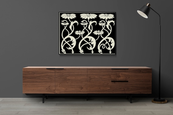 Aubrey Beardsley Floral Art Nouveau Print: Vintage Black and Beige