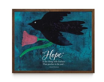 Emily Dickinson - Hope is the thing with Feathers - Blue Mixed Media Poem Print - Poetry Art