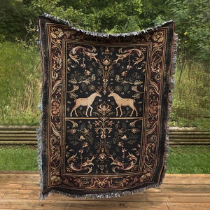Vintage Medieval Rug Woven Blanket Jacquard Woven - Deer Tapestry,  Woven Throw - Vintage - in Cotton