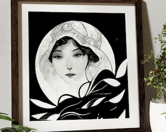 Art Deco Goddess - Moon - Surreal Painting - For Your Sacred Space