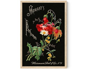 Vintage Perfume Advertisement Print | Armand’s Perfumes Floral Wall Art | Dark Botanical Poppy Poster
