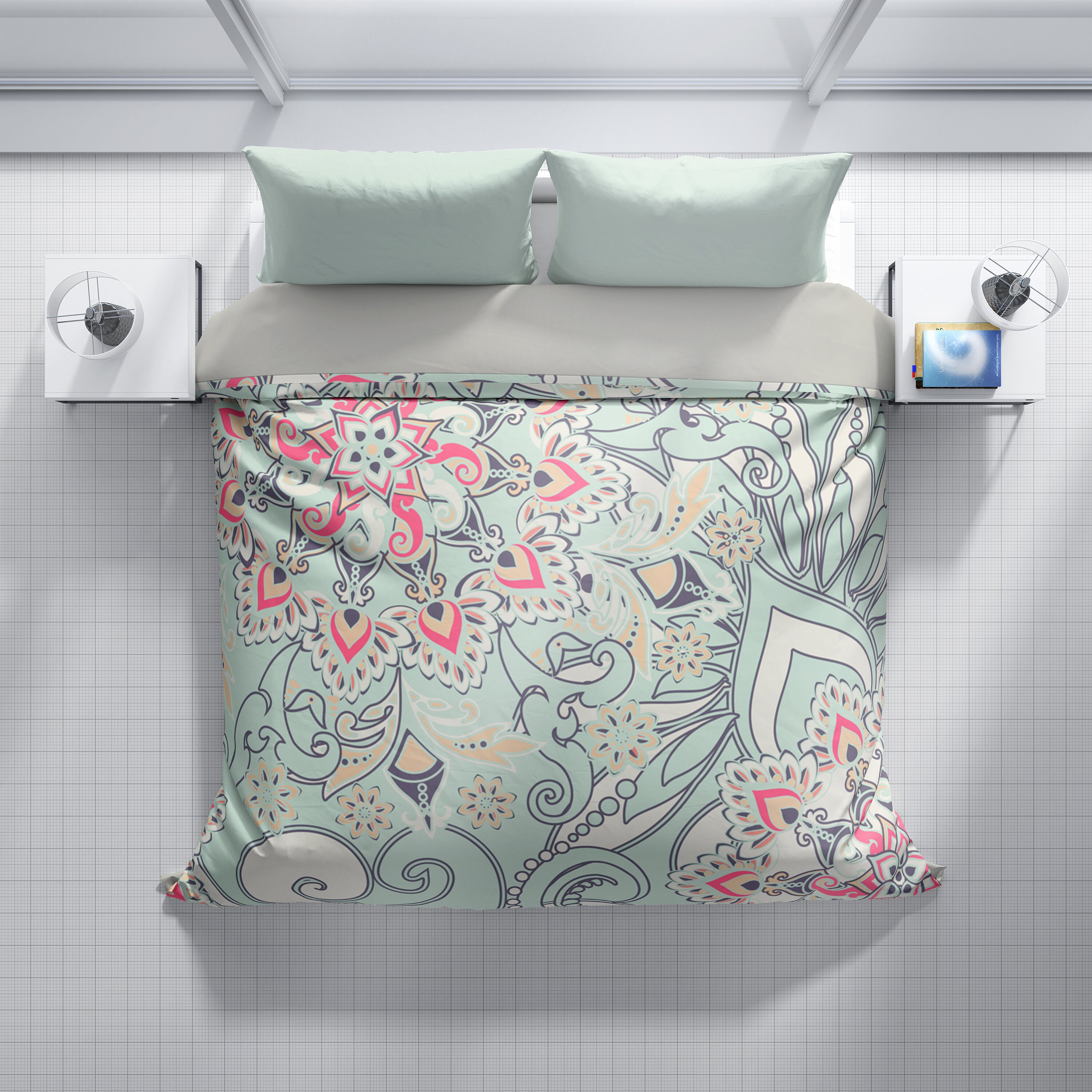 Floral Duvet Cover Teal and Pink Bedding Mint Pink Design Etsy