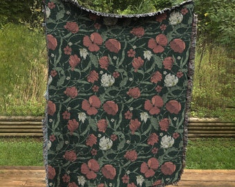 Red Green Floral Blanket - Woven William Morris Tapestry,  Woven Flower Throw - Vintage Flower Bohemian Blanket  - in Cotton