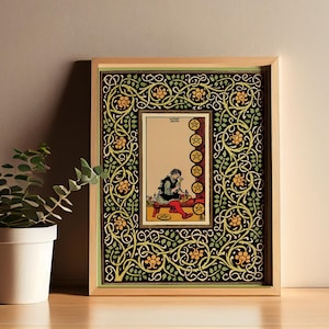 Huit de pentacles - vintage shabby chic - affiche de tarot - affiche de carte de tarot nouveau - floral vert et jaune - impression de tarot Art nouveau