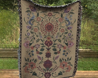 Woven Folk Throw - Floral Tapestry,  Woven Flower Throw - Vintage Flower Bohemian Blanket  - Arabic Pattern