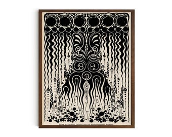 May include: A framed black and white art print with an abstract design. The artwork features a series of interconnected shapes, lines, and dots, with a central, ornate motif. The print is set against a cream-colored background and framed in a dark wood.