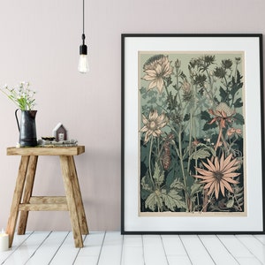 Vintage Floral Botanical Print -  Green and Peach - Bohemian Print - Large Artwork