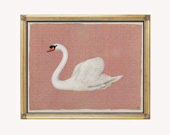 May include: A framed artwork featuring a white swan with a black beak and orange accents. The swan is set against a pink background with a dotted pattern. The frame is gold-colored.